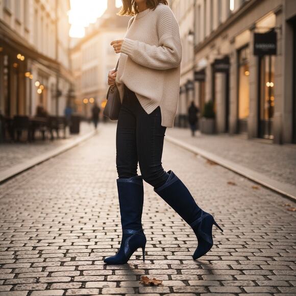 6.5 Monroe & Main royal blue suede knee-high boots with snakeskin trim chic sexy - Picture 5 of 16